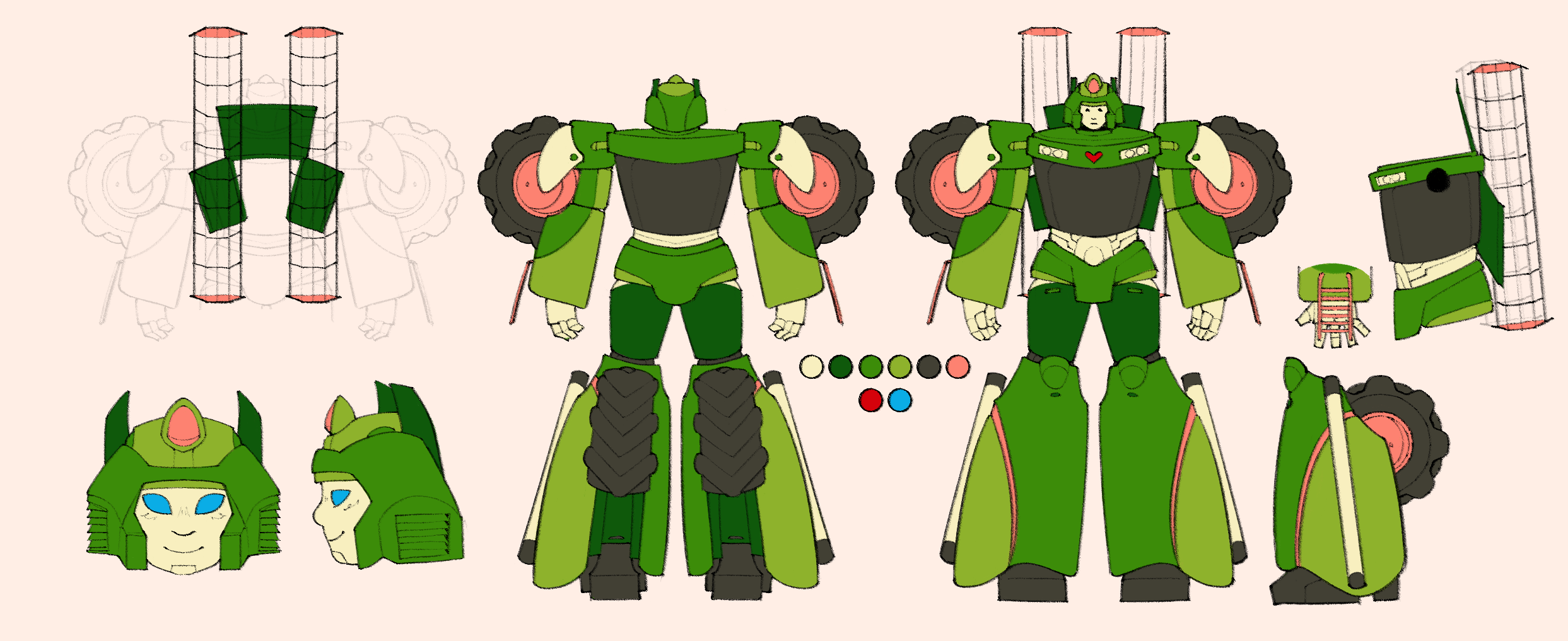 A reference sheet of Swathe, a green transformer who turns into a combine harvester.