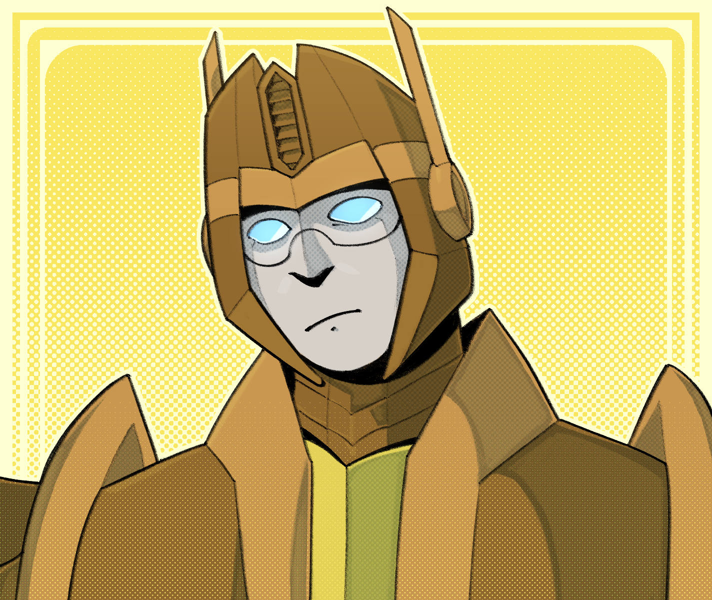 Digital art of Cords, a brown and yellow Transformer, drawn from the shoulders-up frowning at the viewer.