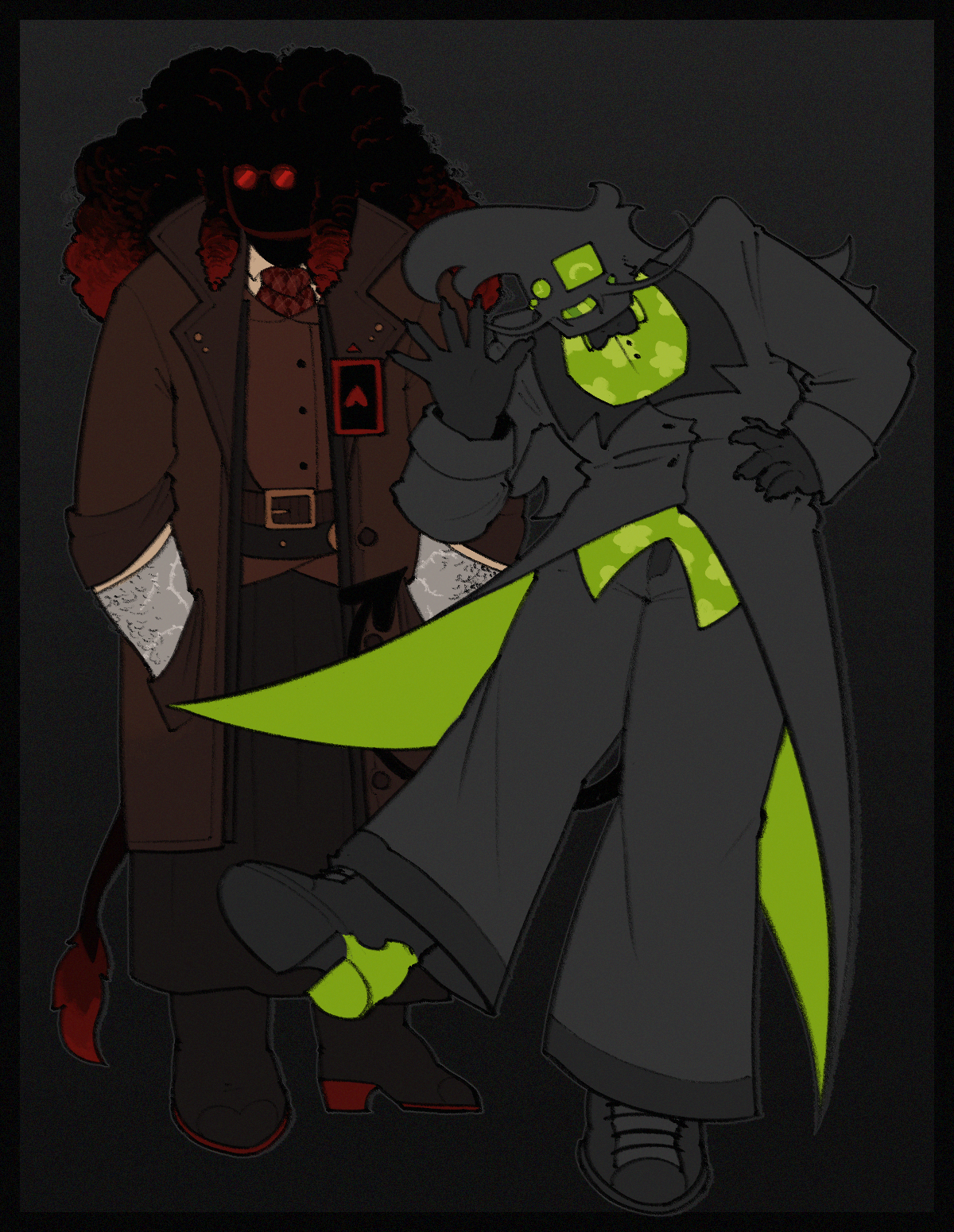 Digital art of Valentine, a character with a featureless, shadowed face save for a pair of red circular glasses and big curly hair, standing behind Retcon, a character with dark grey skin wearing a grey and green suit. Retcon smiles and waves at the viewer with one hand and has its other hand on its hip. Valentine's hands are in its pockets and it looks away from Retcon.
