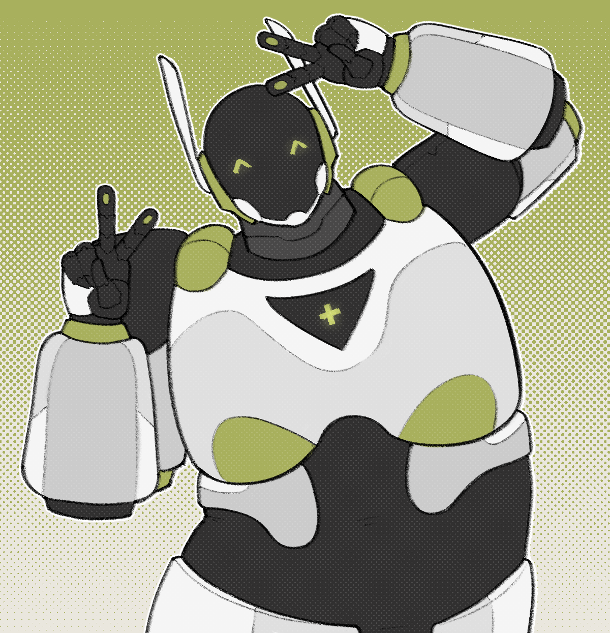 Digital art of Aidren, a white, black, and green robot with two large antennae resembling rabbit ears. She's doing peace signs with both of her hands.