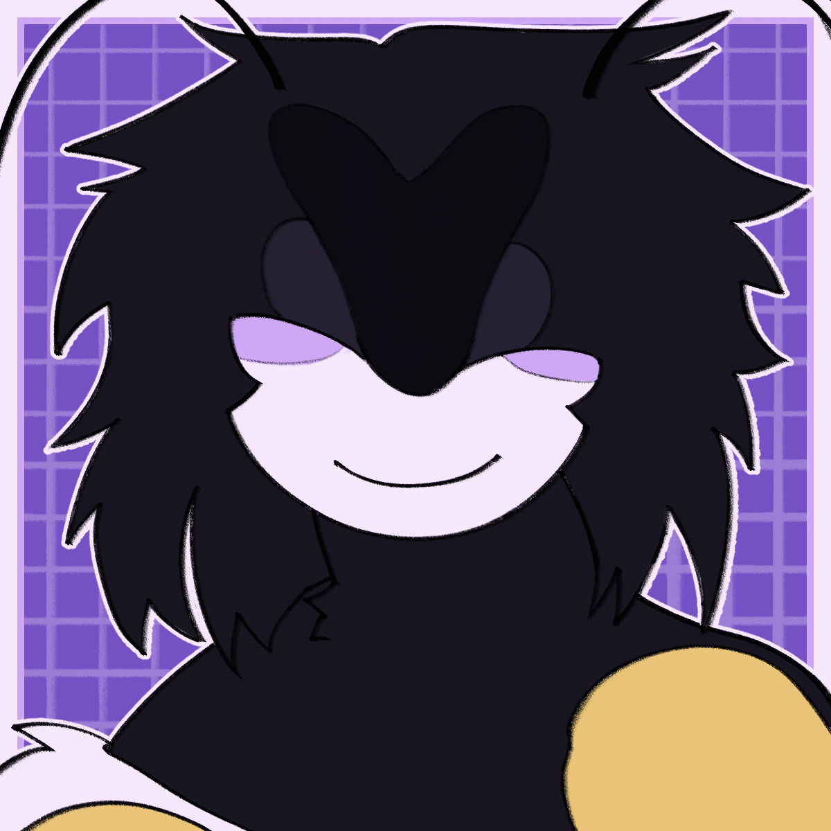 A short animation of Verdant, a fluffy moth person, smiling and tilting their head.