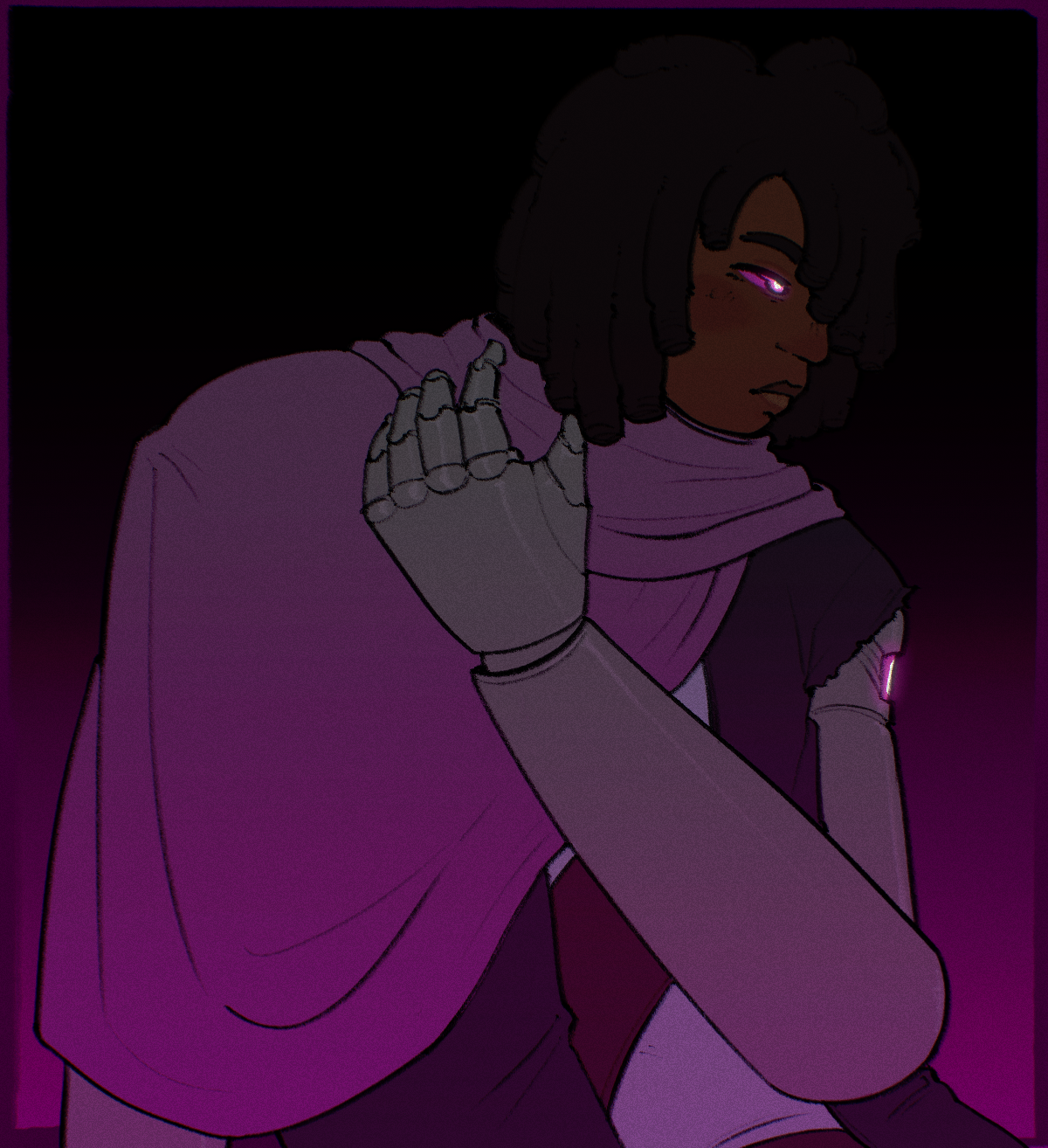Digital art of The Sunken, a black character with glowing purple eyes and two prosthetic arms, touching their shoulder and looking right.
