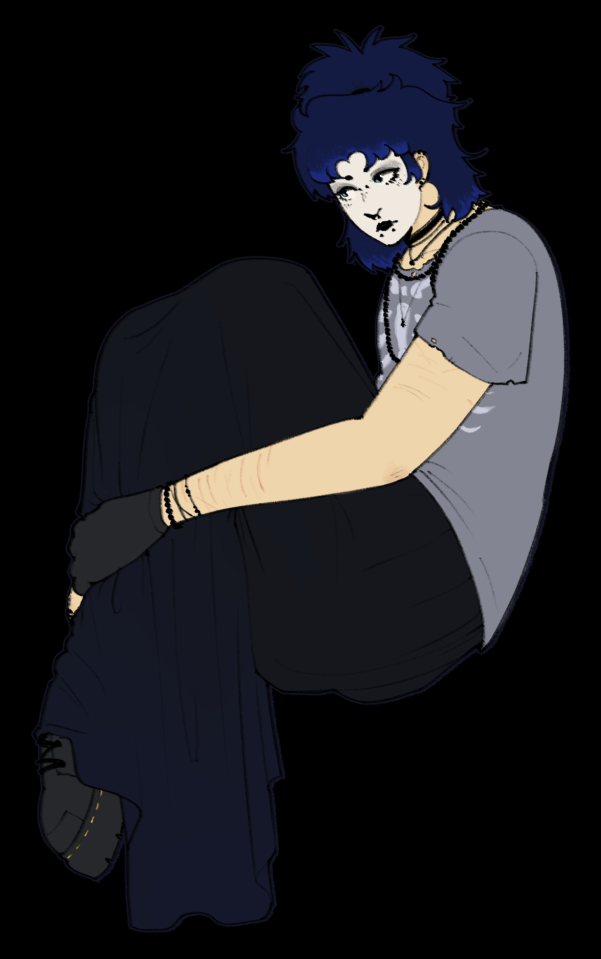Digital art of Nikki Osowska, a character in goth makeup with dark blue hair, sitting with his hand around his knees on a black background.