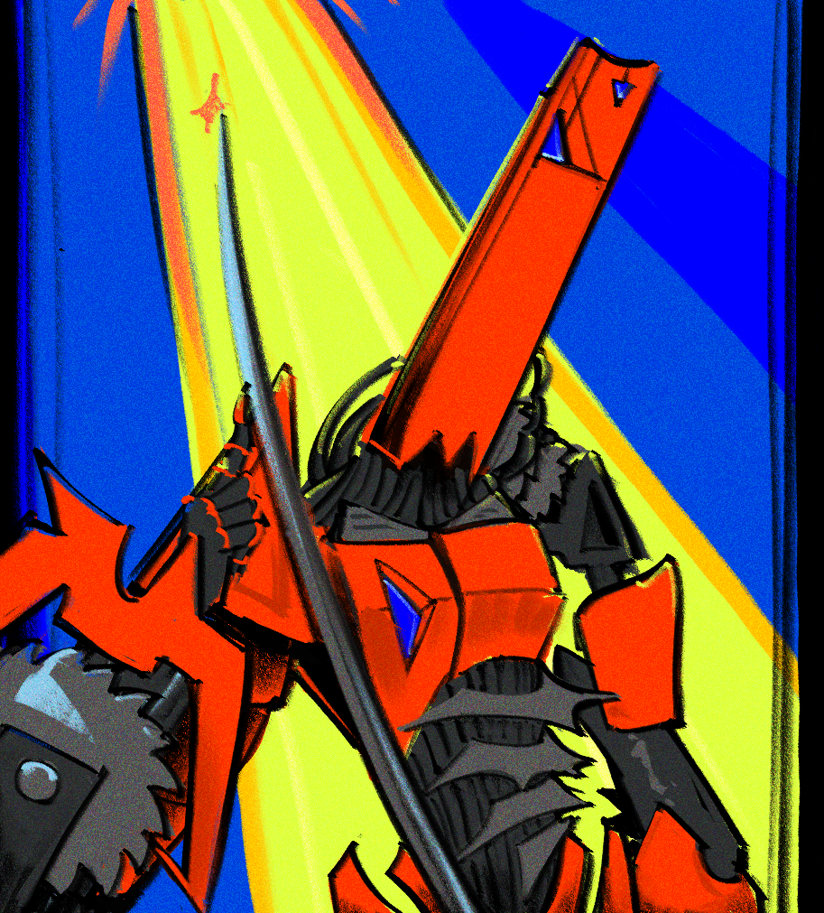 Digital art of an AU design of Swordsmachine Agony lit by a yellow spotlight. It holds up a sword beside its head and touches the blade with one finger.