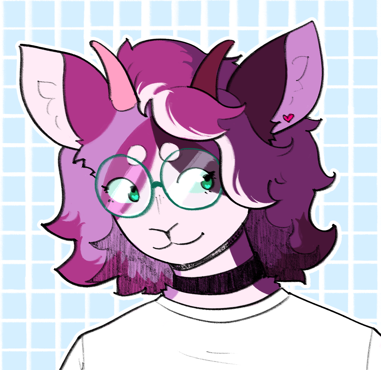 Digital art of Moo, an purple anthro goat wearing round glasses, drawn from the shoulders-up.