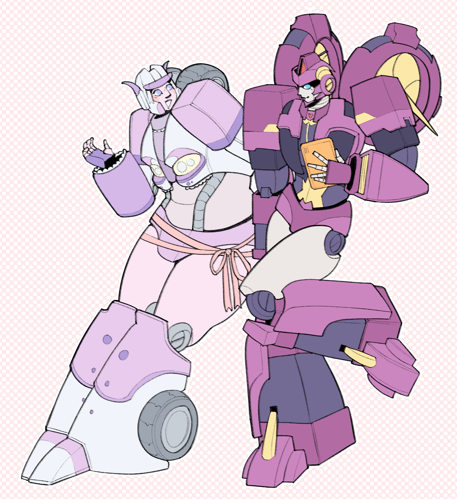Digital art of Nautica and Nebula (a pink and white car Transformer). They are posed as if leaning on a wall and chatting, with Nautica holding a datapad. The background is pink with a pattern of white polka dots.