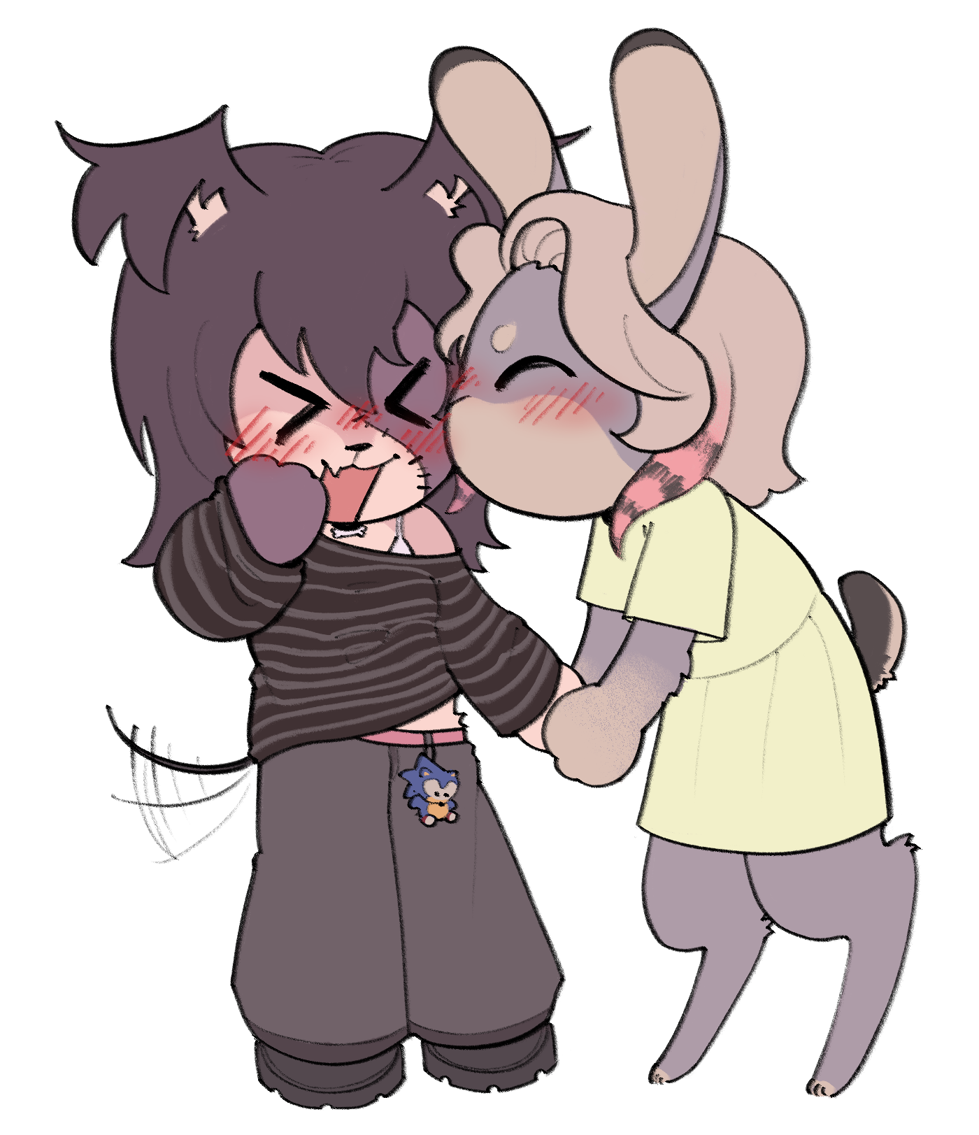 Digital art of Spice, a grey anthro hare wearing a yellow dress, kissing Sugar, a cream and brown anthro dog in a stripey jumper, on the cheek.