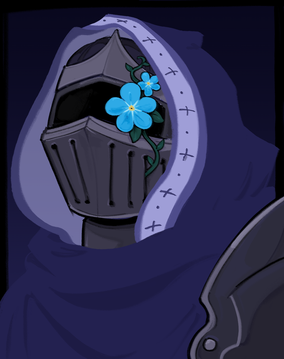 Digital art of Romeo, a knight in a blue hood with large forget-me-nots growing from his right eye, drawn from the shoulders-up.