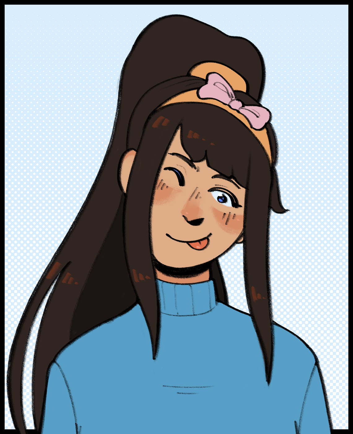 Digital art of Mies, a character with a long brown ponytail. pink bow, and blue turtleneck, tilting her head and sticking out her tongue at the viewer.