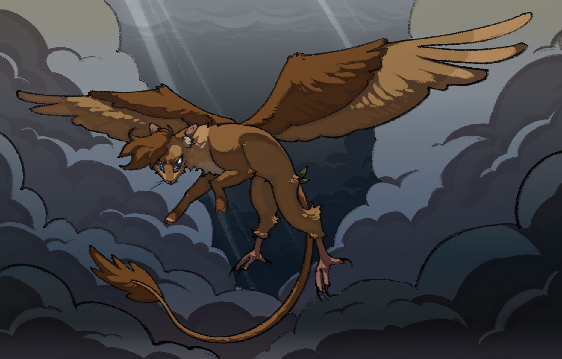 Wanderer, a light brown creature whose front half is a cat and back half is a hawk, flying in a stormy sky.