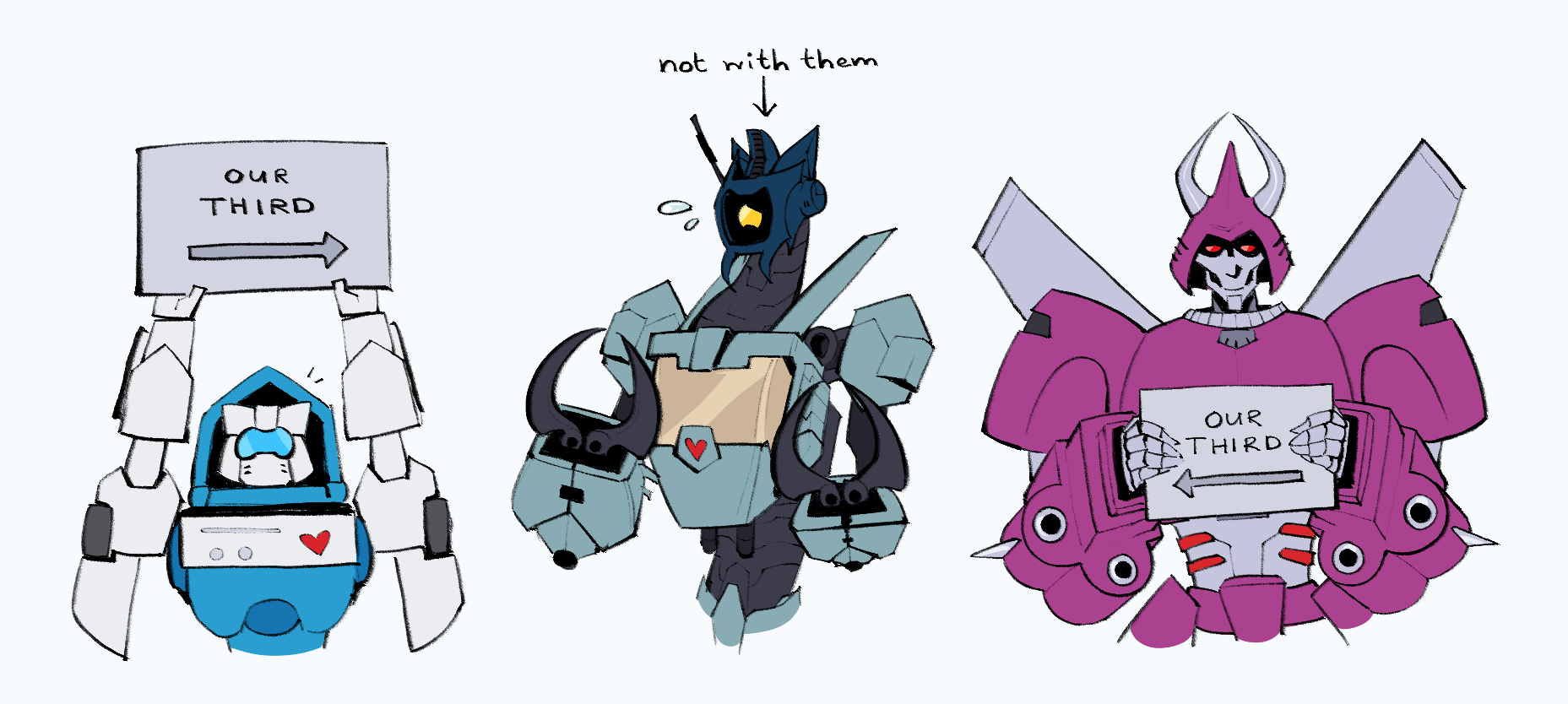 Tailgate and Cyclonus on either side of Whirl. They're holding up signs reading 'Our third' with arrows pointing to him. Whirl is labelled 'Not with them' and looks worried.