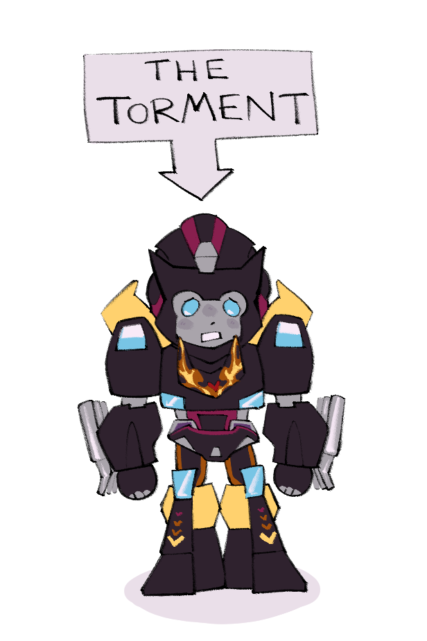 Dark Hot Rod (Cyberverse) standing with a troubled expression. An arrow labelled 'THE TORMENT' points to him.