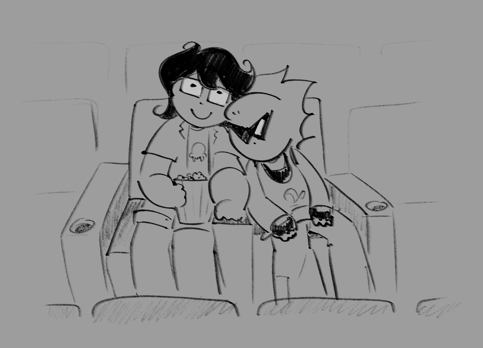 Jake English and Dirk Strider sitting in a cinema. Dirk leans on Jake's shoulder.