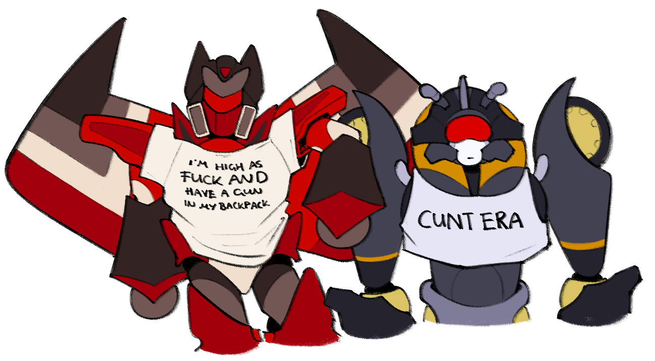 Firescrest and Flicker wearing t-shirts reading 'I'm high as fuck and have a gun in my backpack' and 'Cunt era' respectively. Firecrest leans on Flicker's shoulder.