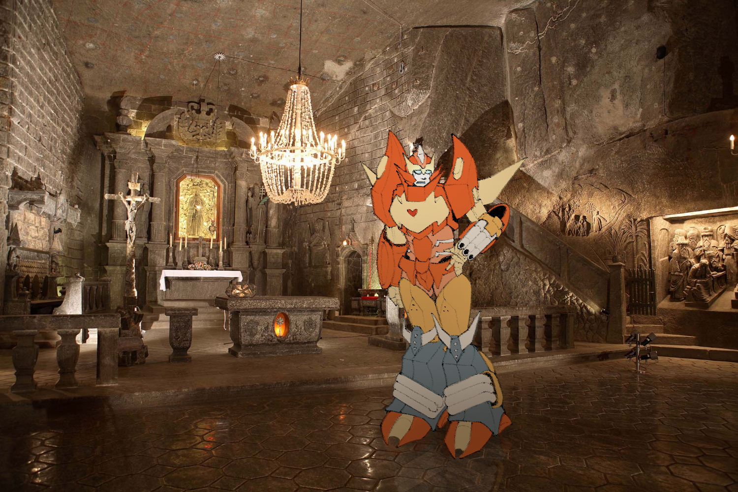 Rodimus standing in the Wieliczka Salt Mine (a huge, underground chapel made of salt), looking confused with a hand on his hip.