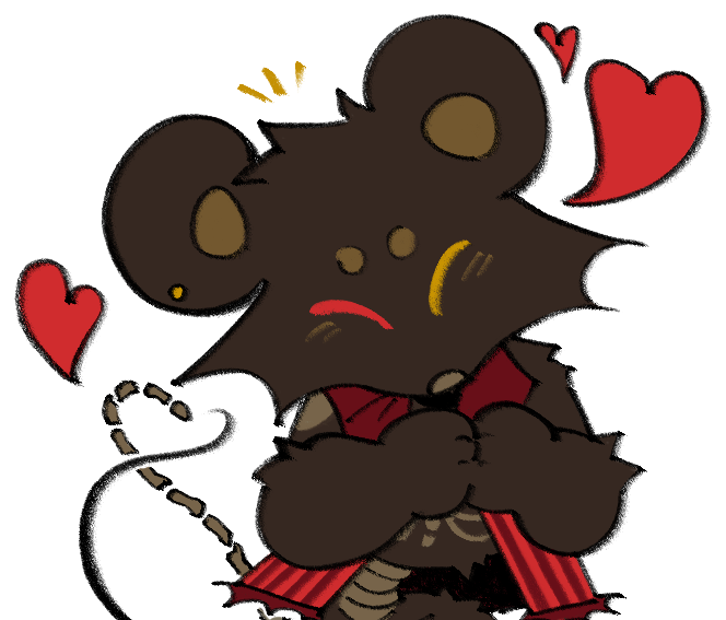 Myszek looking happy, surrounded by hearts