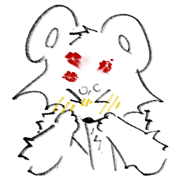 Myszek blushing, with three red lipstick stains on its forehead