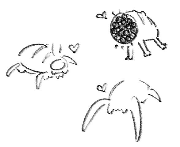 A headcrab, houdeye, and snark from Half Life with hearts around them.