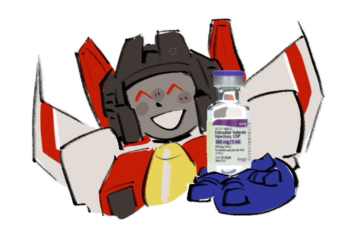 Starscream smiling, handing a vial of estradiol to the viewer.