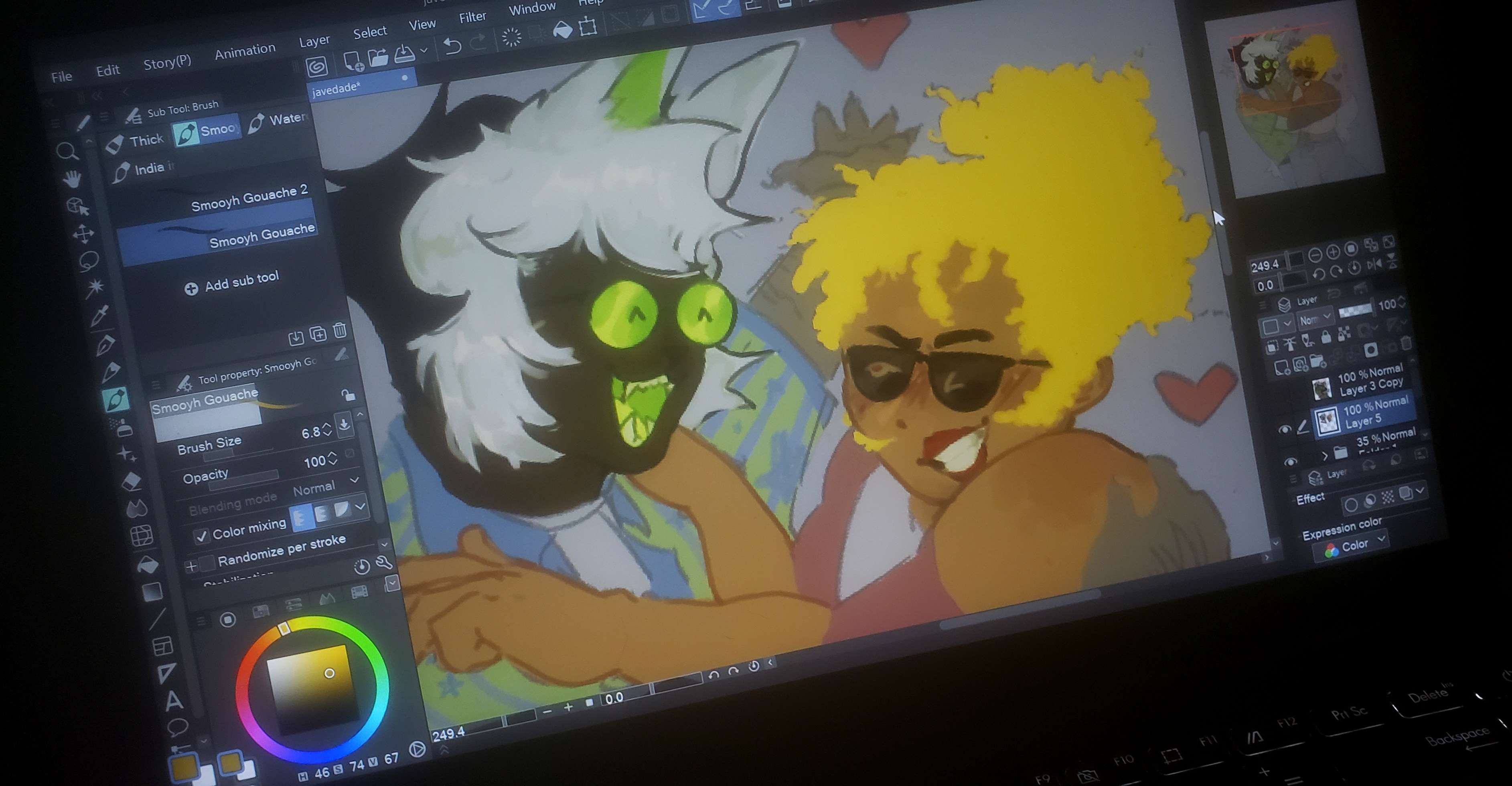 A photo of a laptop screen open to Clip Studio Paint. The canvas is zoomed into a WIP painting of Jade Harley, drawn with short hair, and Dove Strider, drawn with make-up and long hair, dancing. The coloured sketch is visible where it hasn't been painted over yet.