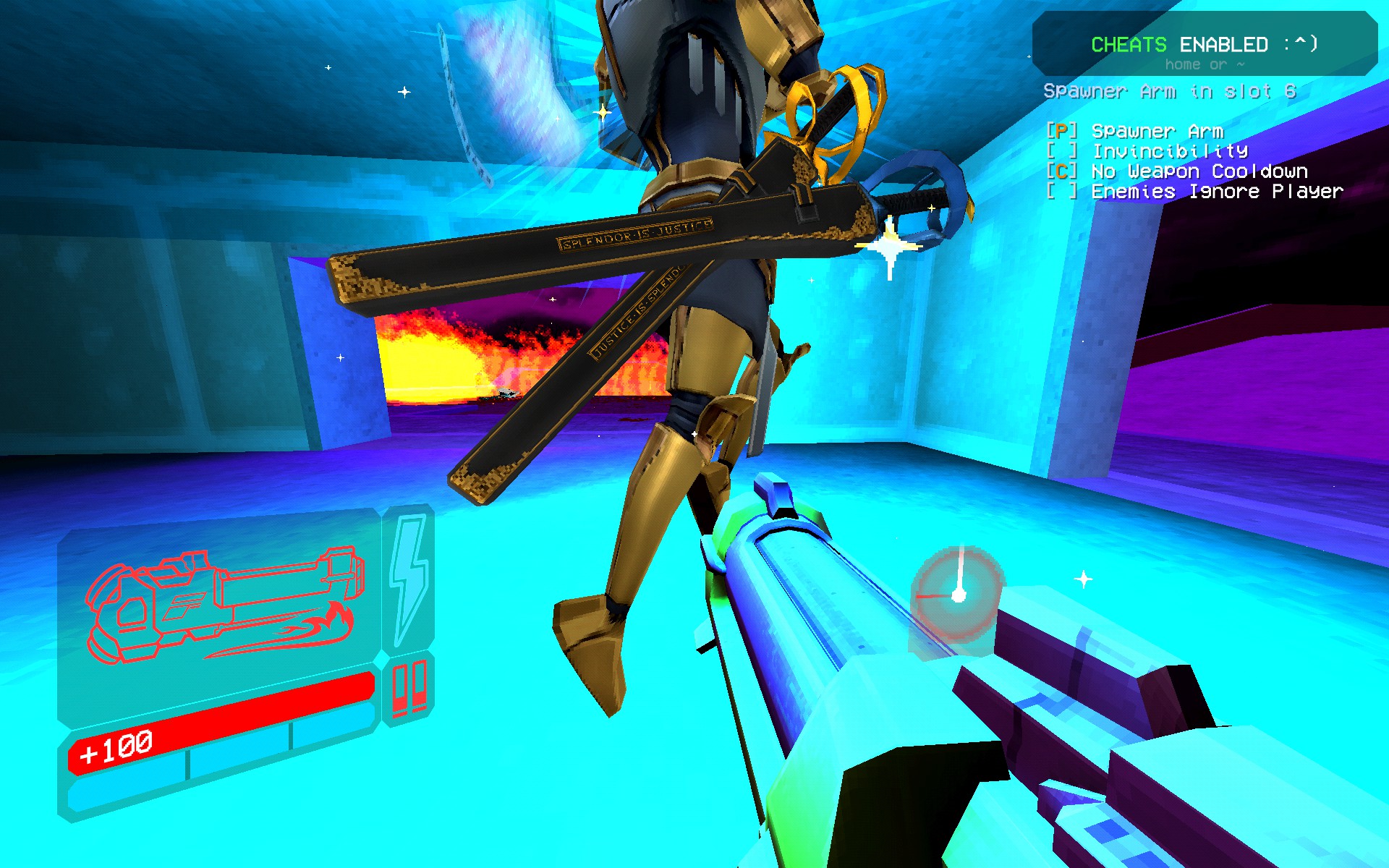 A screenshot of the Ultrakill sandbox, focused on Gabriel's sword sheathes. The room is coated with his bright blue light. In the background, the outside is a strange purple and the field is on fire.