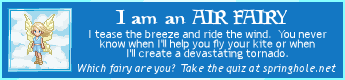 I am an air fairy. I tease the breeze and ride the wind. You never know when I'll help you fly your kite or I'll create a devastating tornado. Which fairy are you? Take the quiz at springhole.net.