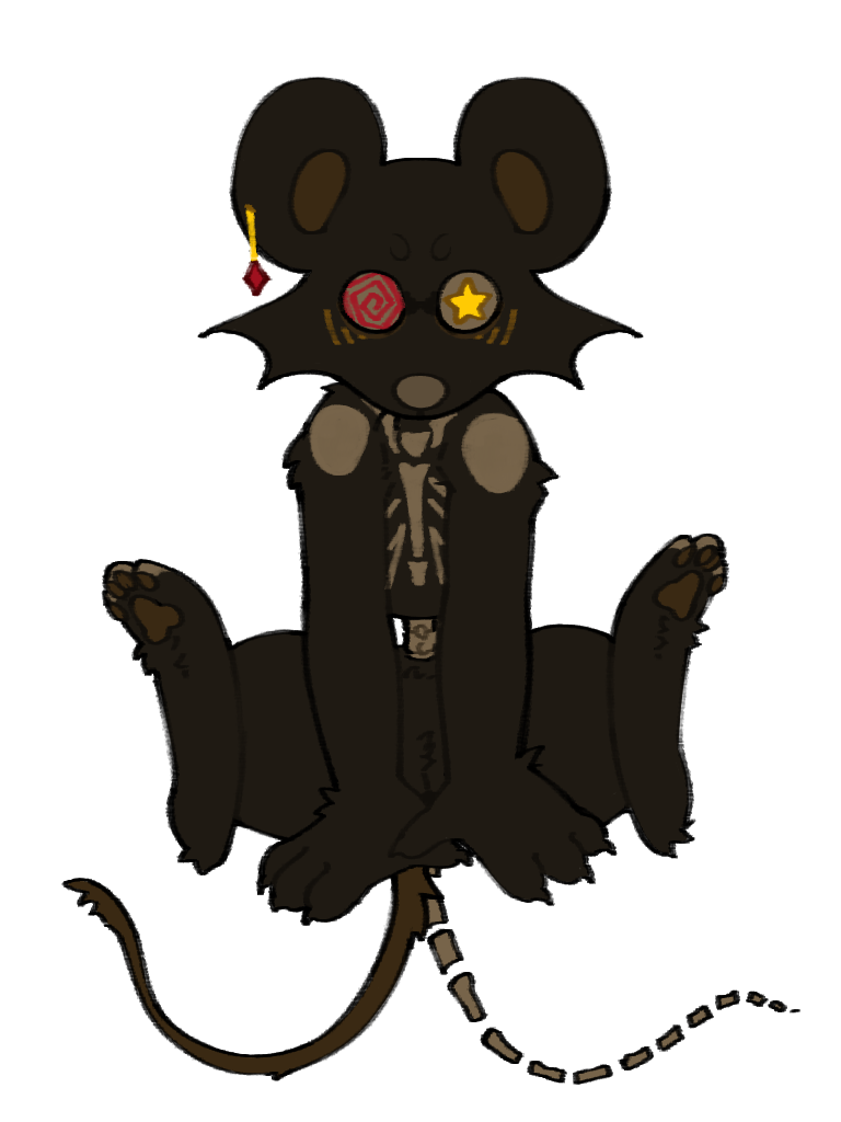 Myszek (a black, anthro, half-skeleton mouse) sitting