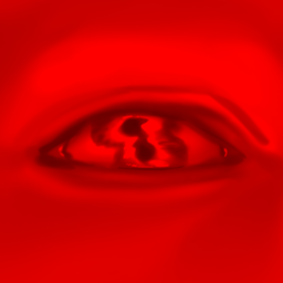 A red eye with two irises and pupils.