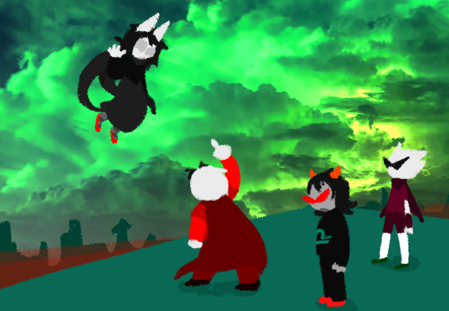 Jade waves excitedly to Dave as he yells at her. Terezi and Dirk stand awkwardly in the background.